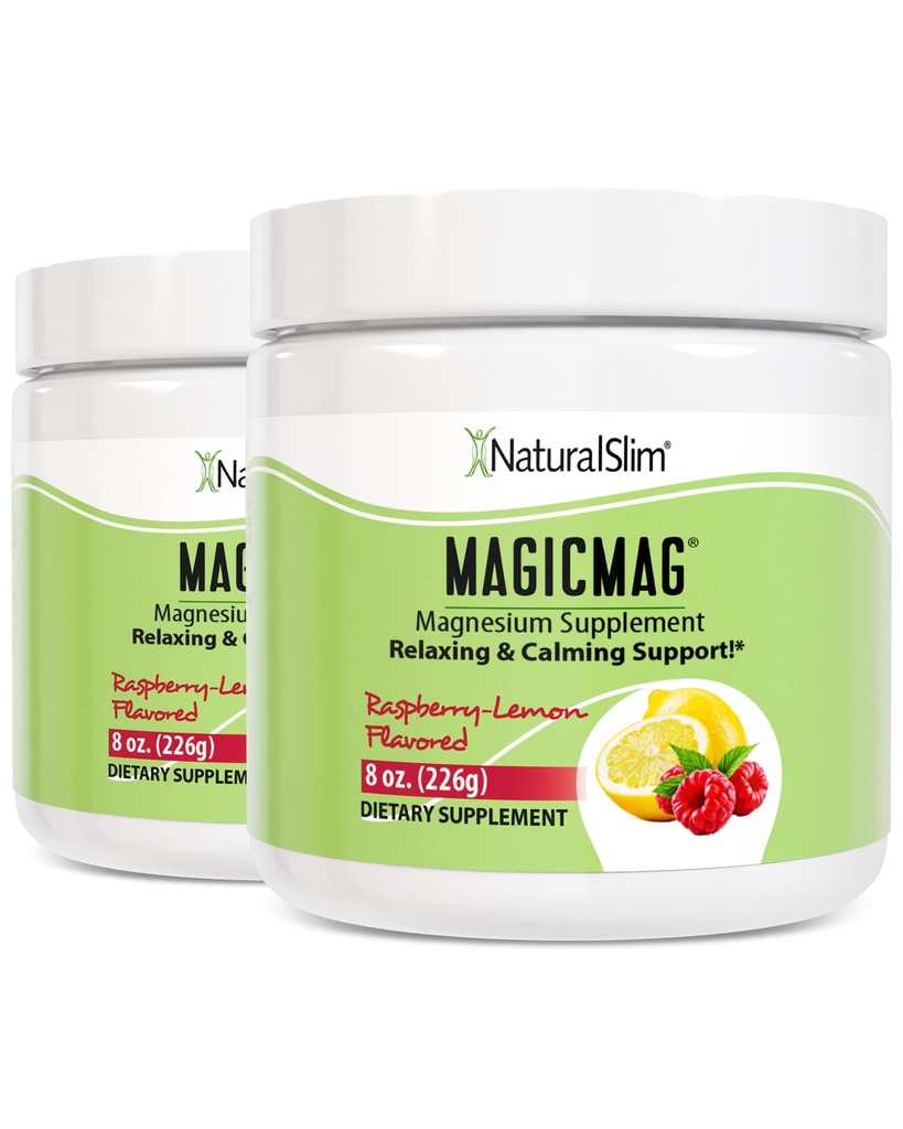 NaturalSlim Magicmag 순수 마그네슘 시트레이트 분말 스트레스, 변비, 근육, 심장 건강, 수면 지원 | 라즈베리 레몬 마그네슘 보충 - 8oz 음료 혼합 (2 팩)