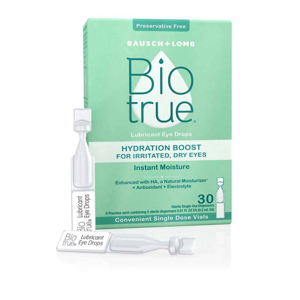 Biotrue Hydration Boost, 건조한 눈, 즉시 습기를 공급을 위한 부식 자유로운 눈 강하, 콘택트 렌즈 친절한, 상쾌하고 & 믿을 수 있는 눈 자극, 30의 단 하나 사용 작은 유리병 (1의 포장)