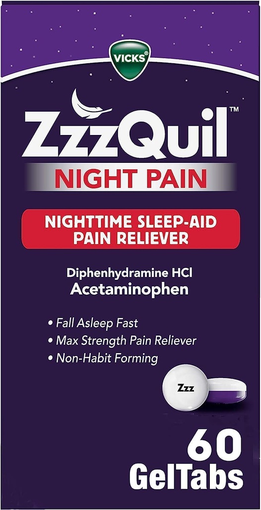 ZzzQuil 밤 고통 GelTabs, 야간 고통 구호, 수면 원조 정제, Diphenhydramine HCl 및 Acetaminophen, No.1 수면 보조 상표, 최대 힘 고통 Reliever, 60 젤Tabs