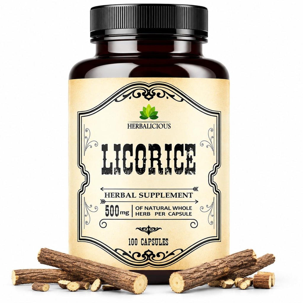 Licorice 뿌리 100 캡슐 – 순수한 유기 Glycyrrhiza Glabra – 소화 편안함 & 전반적인 웰빙을위한 초본 보충 – 비 GMO 및 첨가제 무료