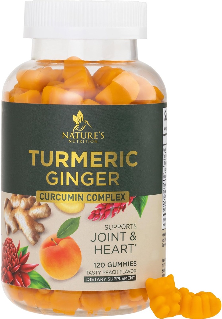 Turmeric Curcumin 보충교재 Gummies - 제일 흡수를 위한 Turmeric & Ginger, 까만 고추를 가진 95% Curcuminoids, 성격 Vegan 합동 지원, 비 GMO, 글루텐 자유로운, 맛있은 복숭아 풍미 - 120 Gummies