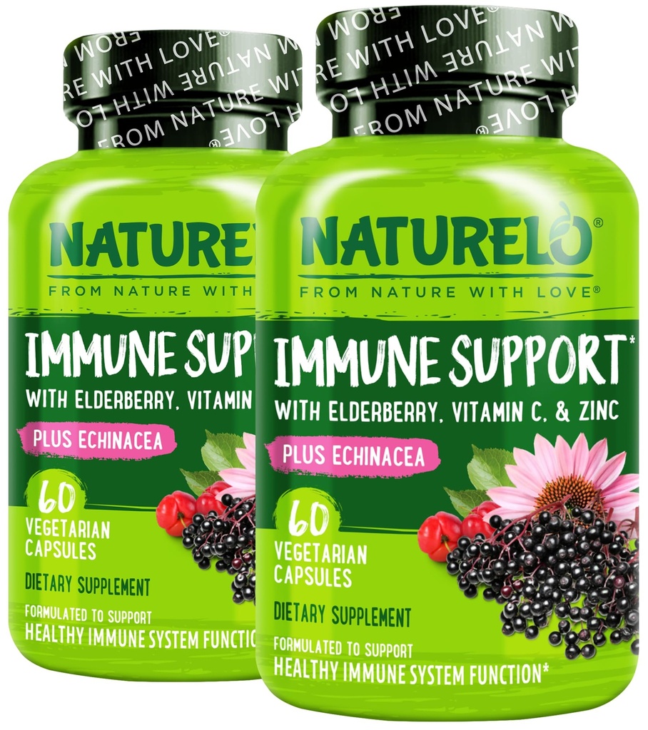 NATURELO Immune 지원 비타민 C, Elderberry, 아연, Echinacea 자연적인 면제 부스트 w/Antioxidant, 초본 & 무기물 방어 - 60 Vegan 캡슐 (포장 2)