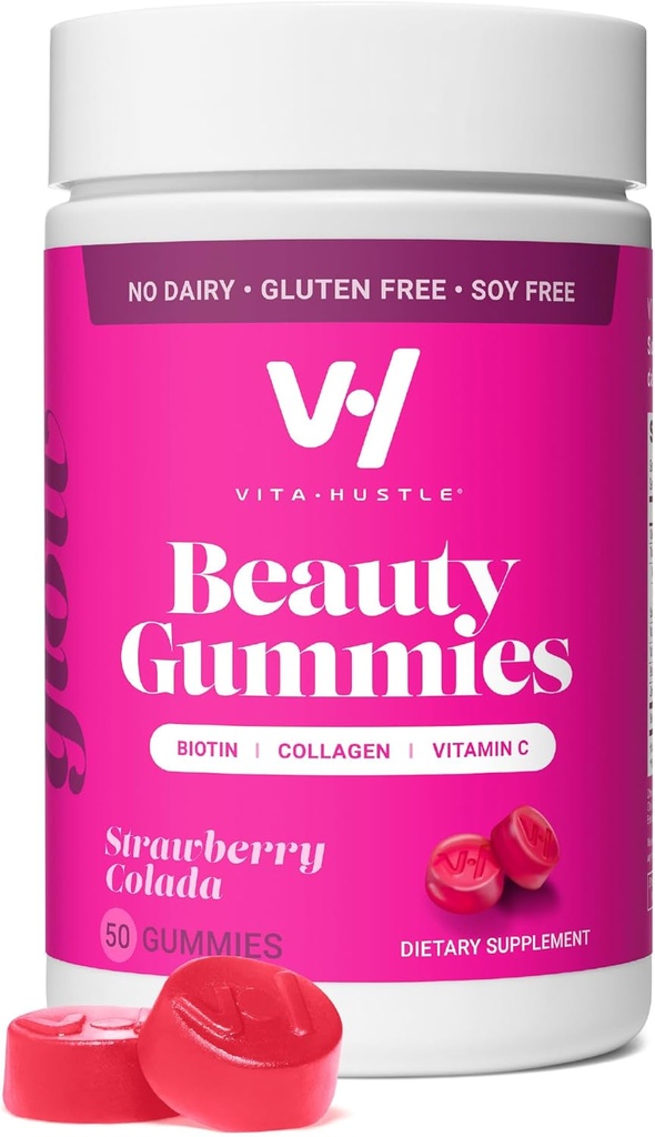 VitaHustle 아름다움 Gummies, 2500 mcg Biotin, 100 mg 교원질, 비타민 C, B 혼합, 강한 머리, 피부 못, 낮은 설탕, 비 GMO, 딸기 Colada, 50 조사