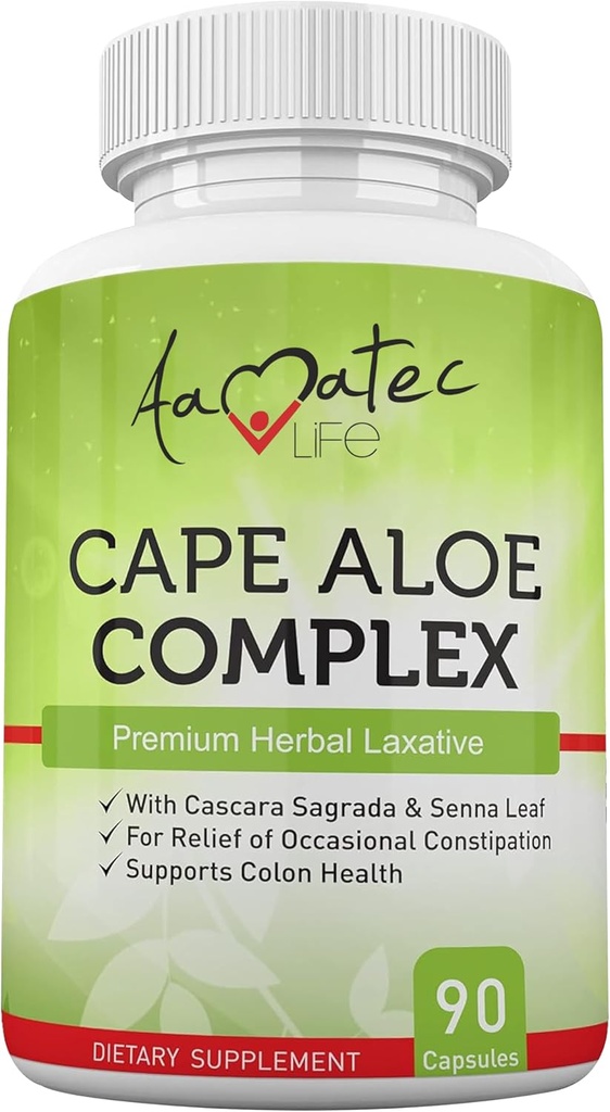 Aamatec Life Cape Aloe Herbal Laxative Complex for Constipation Relief, Healthy Bowel Movement, Cascara Sagrada 및 Senna Leaf Supplement for Men 및 Women 90 캡슐과 함께 소화 및 대장 건강