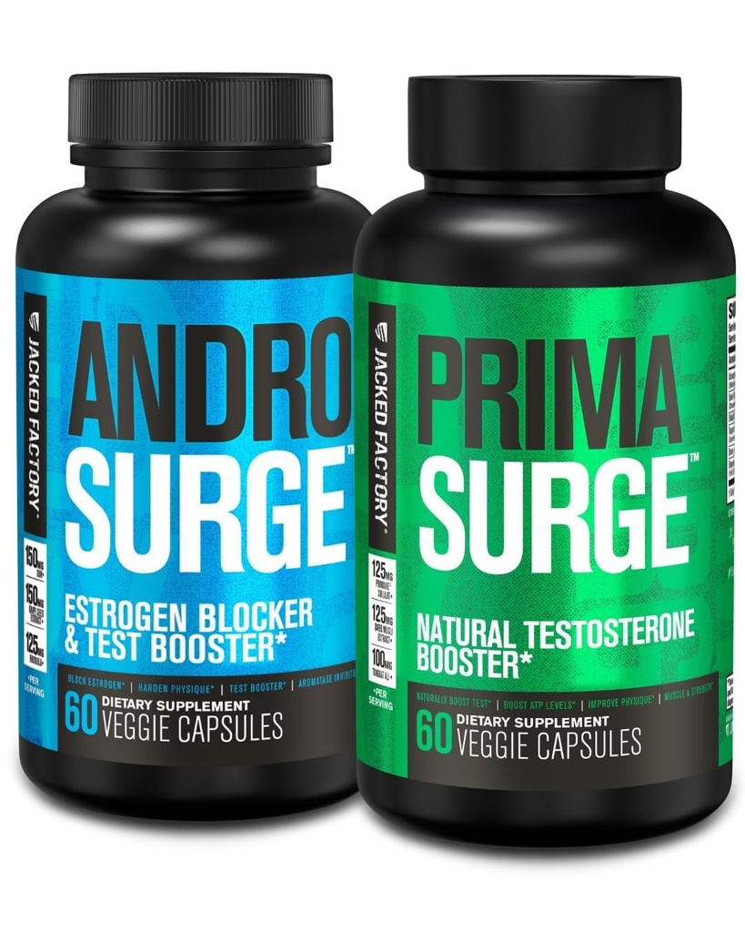 남자를위한 Jacked 공장 테스토스테론 부스터 | Tongkat Ali가있는 에스트로겐 차단제 - Androsurge Anti-Estrogen + Primasurge Natural Test Booster - 근육 성장, 활력, 에너지, 30 일 공급