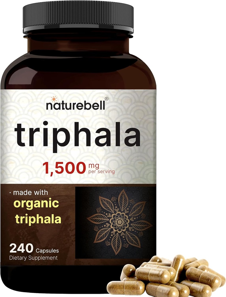 NatureBell Triphala 캡슐 보충교재, 서빙 당 1,500mg | 유기 Amla, Bibhitaki, Haritaki 과일 분말로 만드는 – 소화 건강 지원 – 두 배 힘, 비 GMO