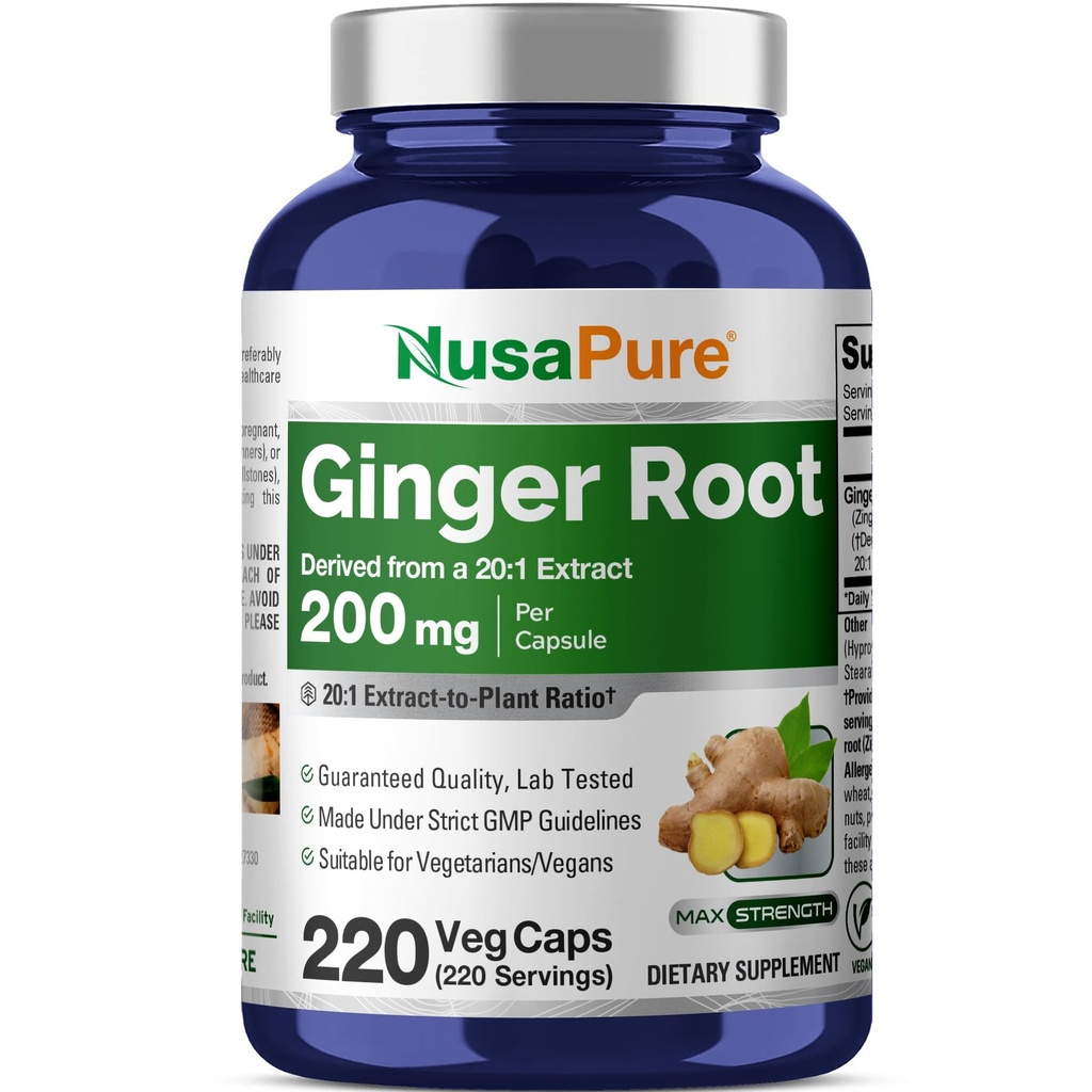 NusaPure 생강 뿌리 캡슐 20:1 추출 물, 200 mg Veggie 모자 당 4,000 mg에 동등 하 게 | 220 조사 | 비 GMO