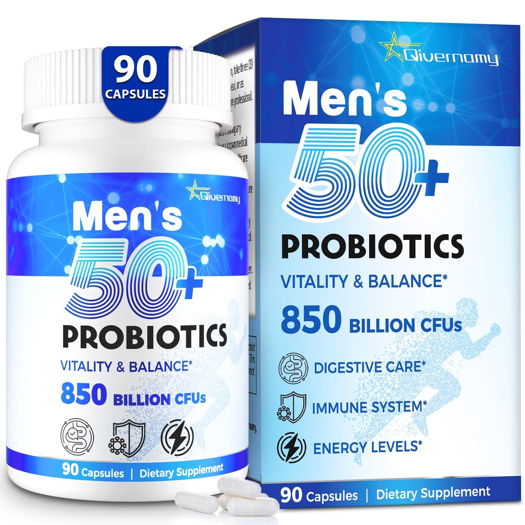 남자, 고급 50 + 남성 프로 바이오 틱, 850 억 CFU, 1800mg 프리 바이오 틱 섬유와 포괄적 인 Gut 및 에너지 지원 - 50, 90 캡슐 이상 gut 건강을위한 맞춤형 웰빙 남성 프로 바이오 틱스