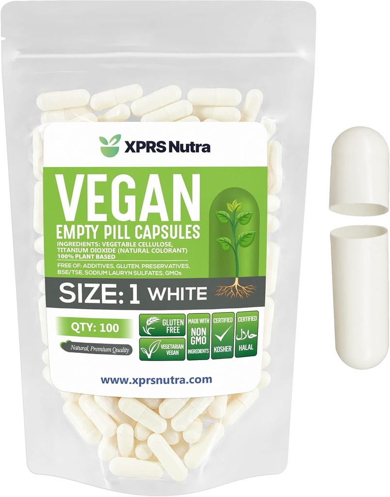 XPRS Nutra 크기 1 빈 캡슐 - 100 카운트 빈 채식 캡슐 - 채식 알약 - DIY 야채 캡슐 충전 - Veggie Pill Caps for Do-It-Yourself Supplements (White)