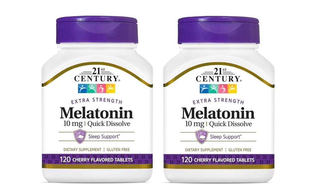 21st 세기, Melatonin 빠른 용해 정제 10 mg, 화이트, 체리, 120 조사 (포장 2)