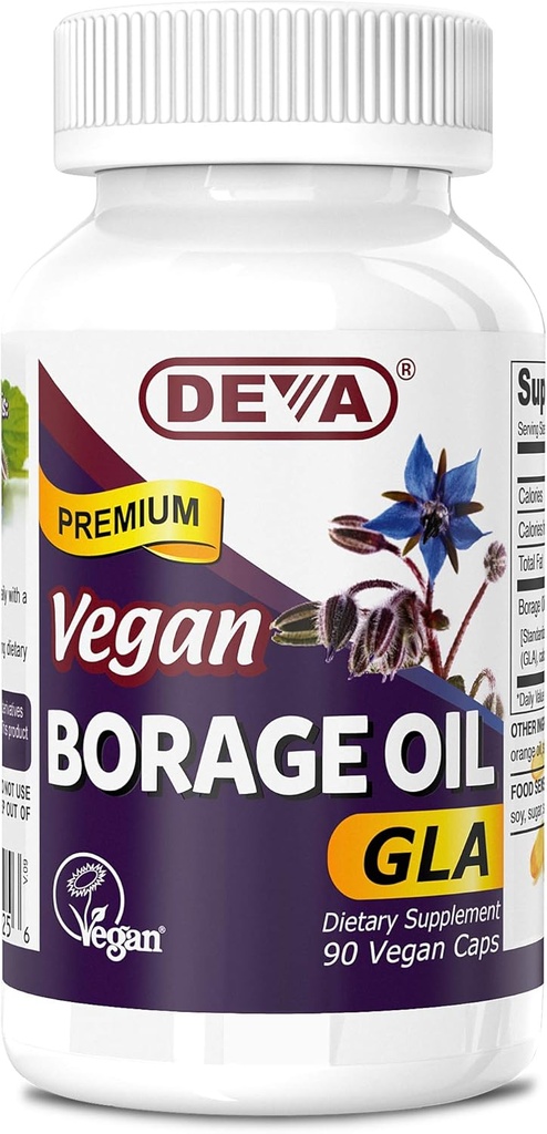 Deva Vegan 비타민, Borage 기름 500mg의 Omega-6 지방산 GLA (Gamma linolenic 산)의 부유한 근원, 찬 압박되는 & Unrefined, 90의 정제, 1 팩