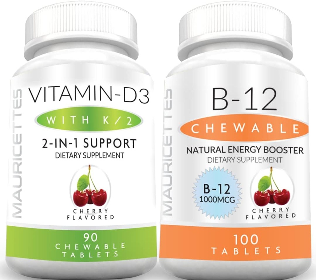 Mauricettes K2 & Chewable 비타민 B12 1000 mcg 에너지와 면역 지원 뭉치를 가진 Chewable 비타민 D3