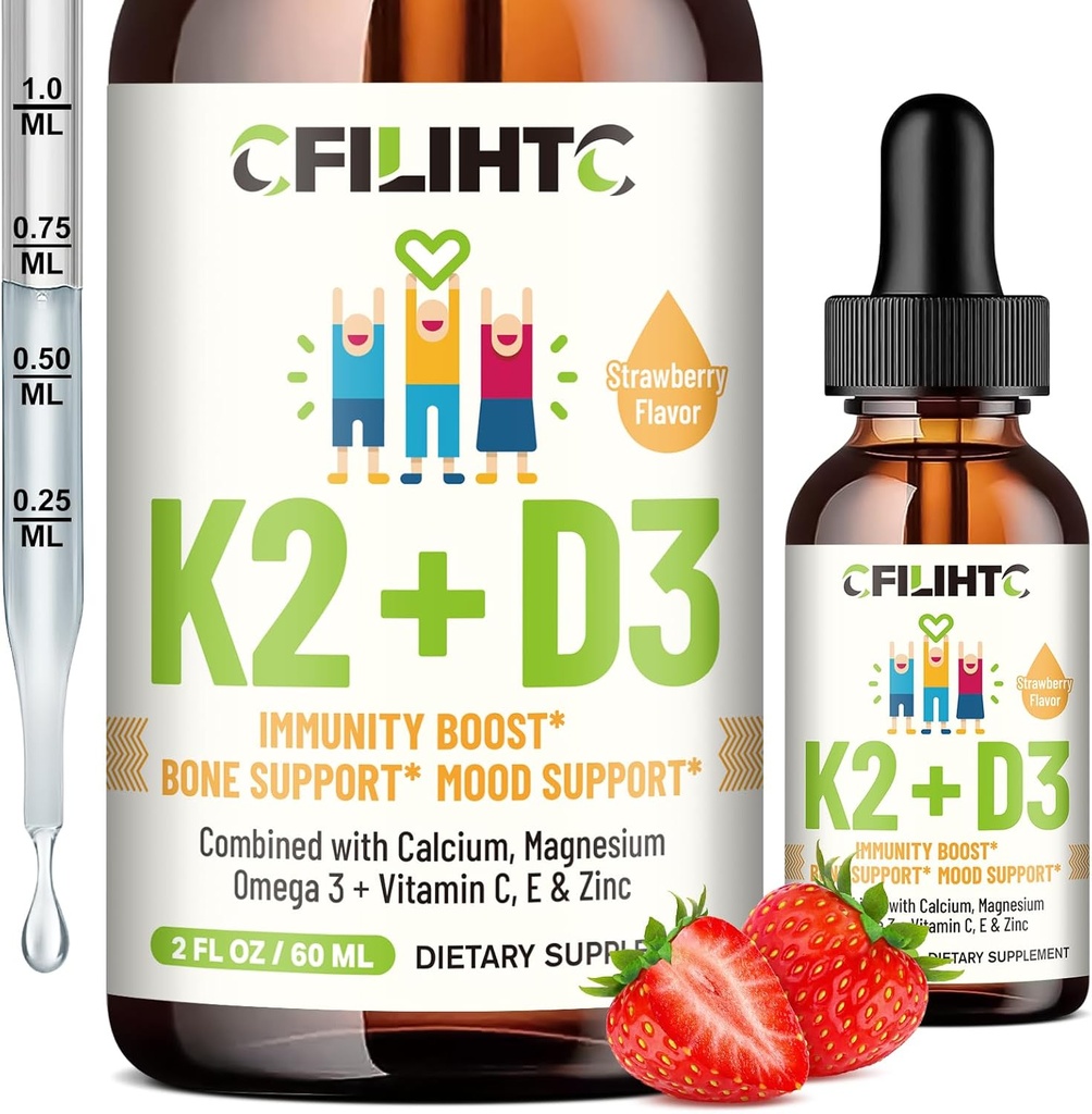 아이를 위한 비타민 D3 K2 하락 - Omega 3, 비타민 E, 칼슘, 마그네슘 & 더 나은 흡수를 위한 아연 - 건강한 뼈, 이 & 심장 지원을 위한 액체 MK7 1000 IU D3 - 비 GMO, 2 Fl Oz