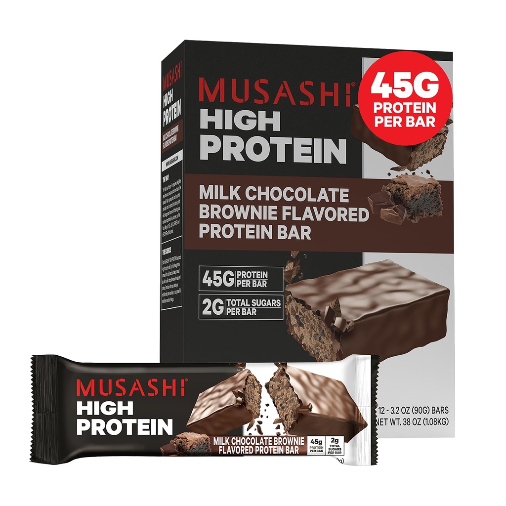 MUSASHI 고단백 막대기, 45g 단백질, 2g 총 설탕, 우유 초콜렛 브라운, 포스트 운동 및 단백질 식사 이동, 3.2oz (90g) 막대기의 12 팩