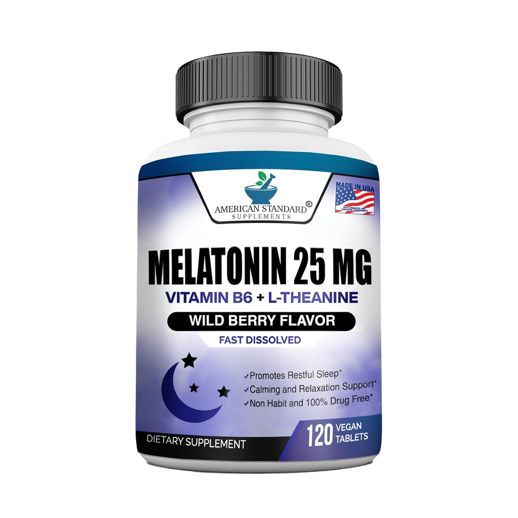 1개의 정제, L-Theanine & 비타민 B-6를 가진 120의 Chewable 정제 당 Melatonin 25mg는, 건강한 수면 주기를, 승진시킵니다 Calming & Restful 잠, Vegan, NON GMO를, 미국에서 만들었습니다