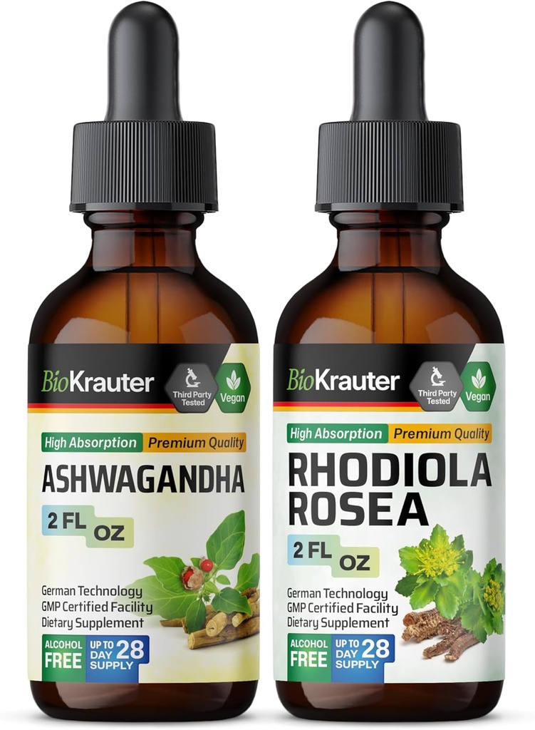 BIO KRAUTER Ashwagandha Tincture 2 Fl. Oz. & Rhodiola Rosea Tincture 2 Fl. 오즈.