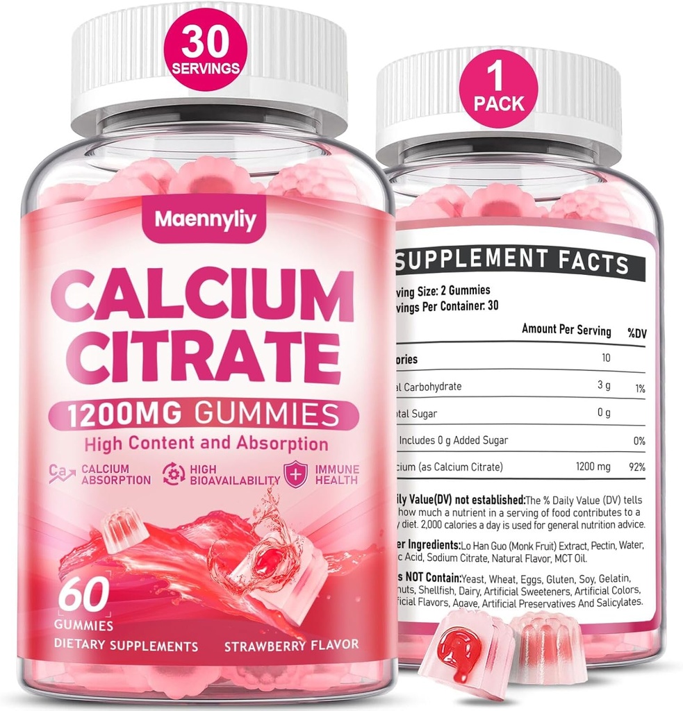 성인을 위한 칼슘 구연산염 Gummies 1200 mg: 여자 & 남자를 위한 궁극적인 흡수 칼슘 보충교재 - 소화, Vegan, 비 GMO, 글루텐 자유로운 - 자연적인 Strawberry 풍미에 쉬운