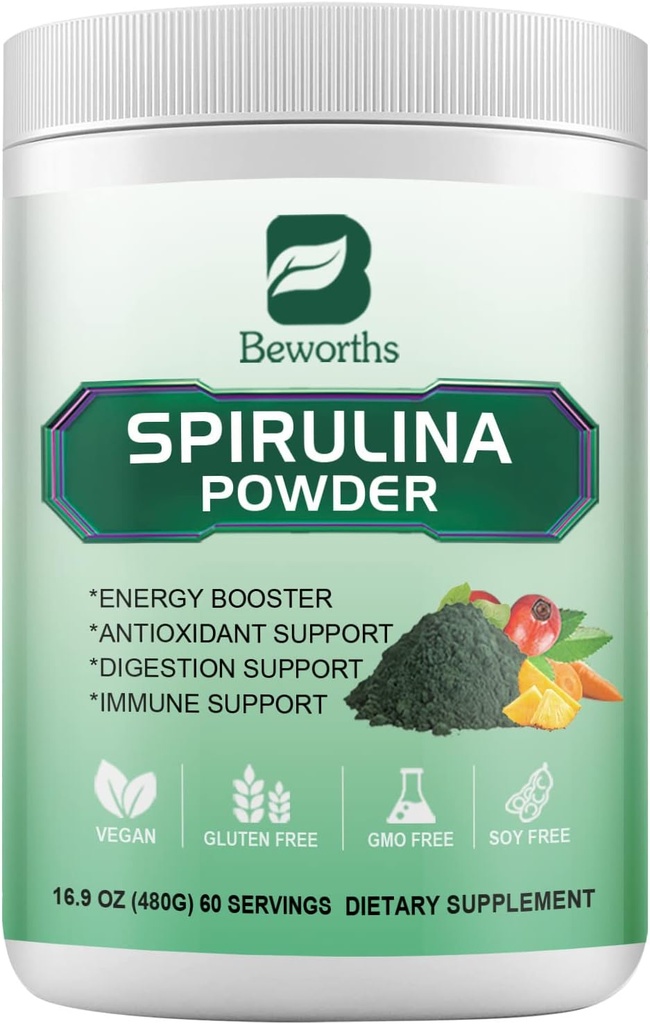 Spirulina 분말, 슈퍼 그린 파우더 스무디 & 주스는 Spirulina, Probiotics Digestive Enzymes, Chlorella, Veggies 과일, 면역력을위한 밀 잔디, 소화 지원 - Vegan