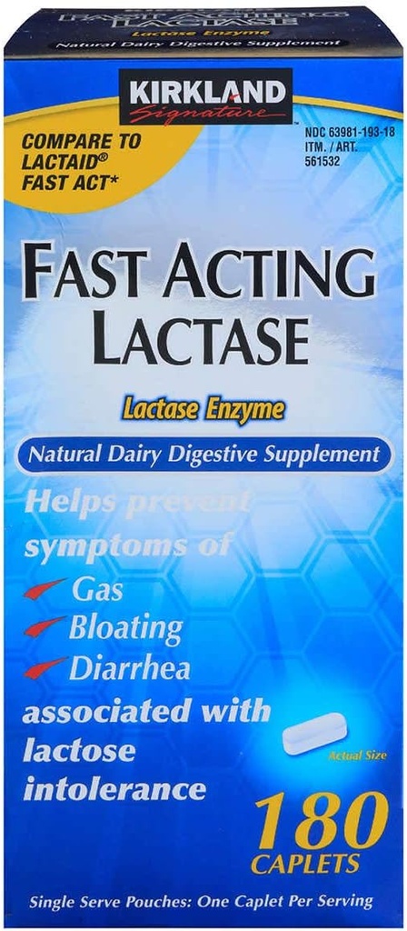 Kirkland Signature Fast Acting Lactase Natural Dairy Digestive 보충, 180-Count Caplets