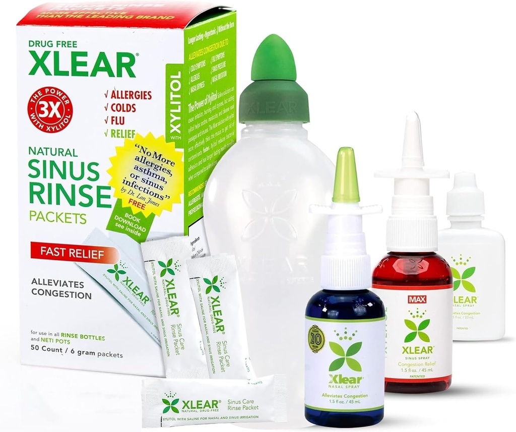Xlear Allergy Relief Kit, Xylitol, Xlear MAX Nasal Spray, Xlear Nasal Rinse Neti Pot 및 50 Refill Packets를 포함한 모든 일 알레르기 구조 키트