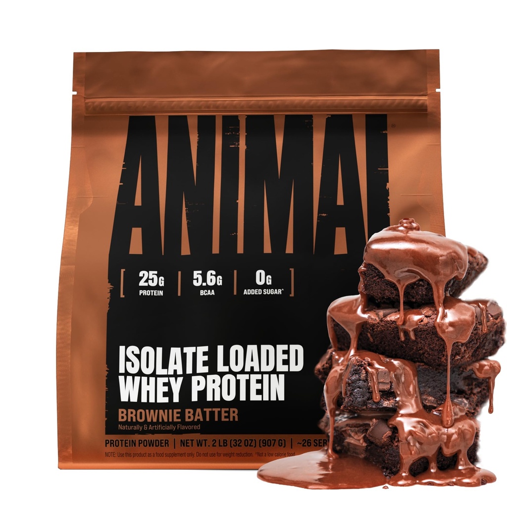 동물 Whey Isolate Protein Powder - 남성 및 여성을위한 Digestive Enzymes와 사전 및 포스트 운동 근육 빌더 및 복구 - 25g Protein, Great Taste, Low Sugar - Brownie Batter 2 lbs