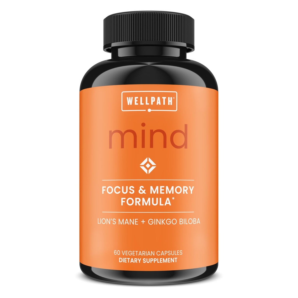 WellPath Mind Brain Supplement for Memory and Focus with Lion's Mane | Long Term Cognitive Support를 위한 Ginkgo Biloba 및 L-Theanine | Vegan, Non-GMO, 60 Ct