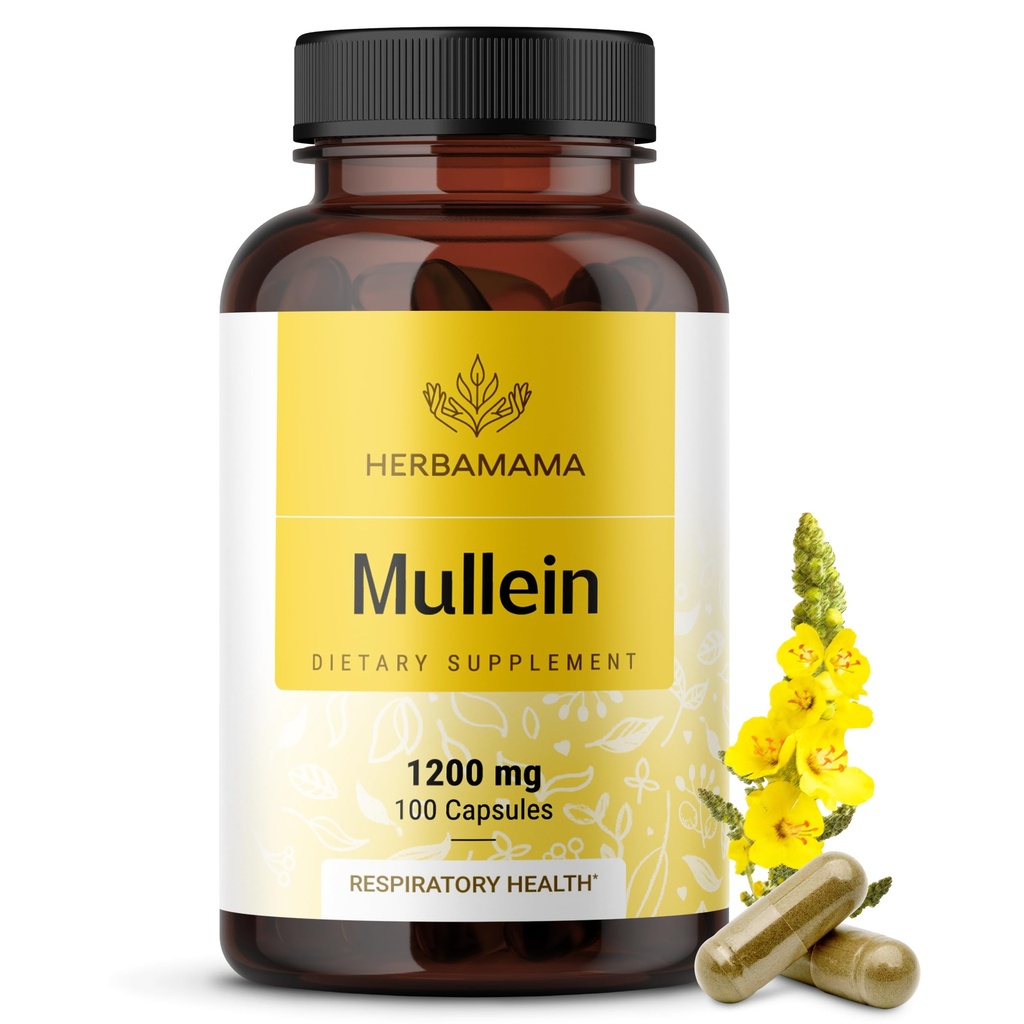 HERBAMAMA Mullein Leaf Capsules - 1200mg Mullein Leaf Extract for Lung Detox Support - Vegan, Non-GMO 호흡기 폐 세척