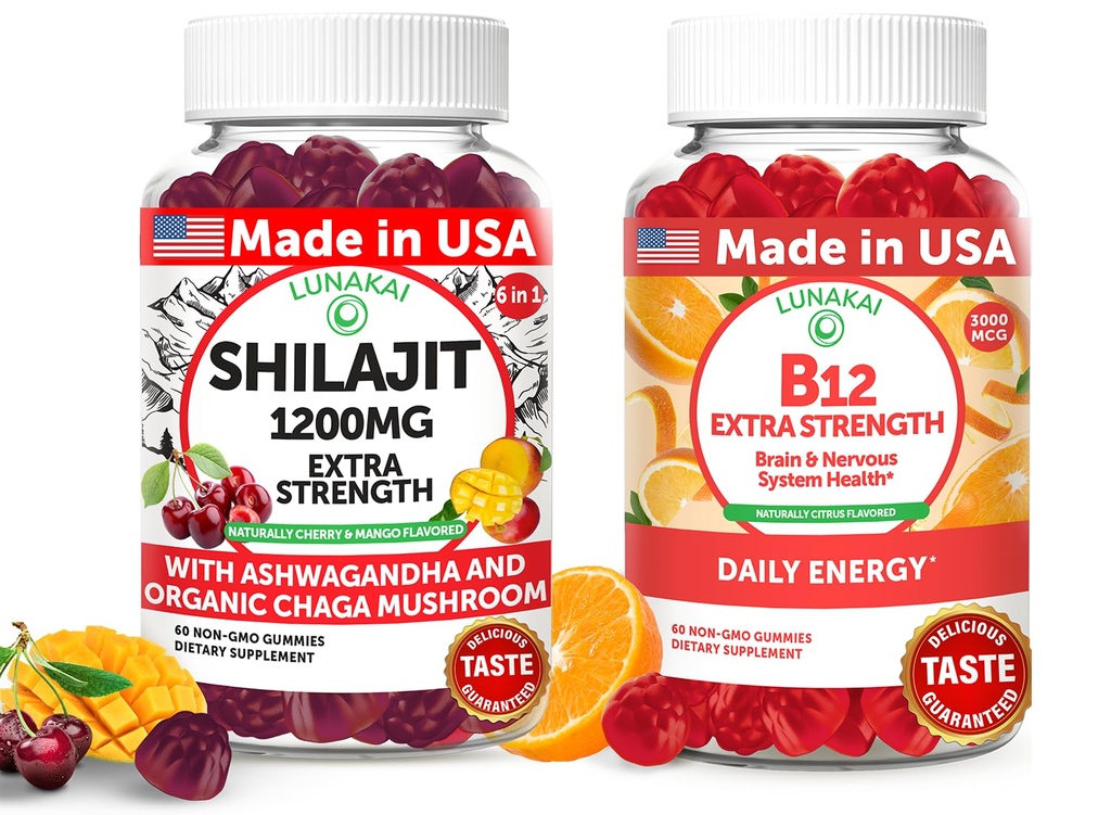 Lunakai USA Made Shilajit & B12 Extra Strength Gummies Bundle – 에너지, 초점 및 일일 웰빙 – 채식주의
