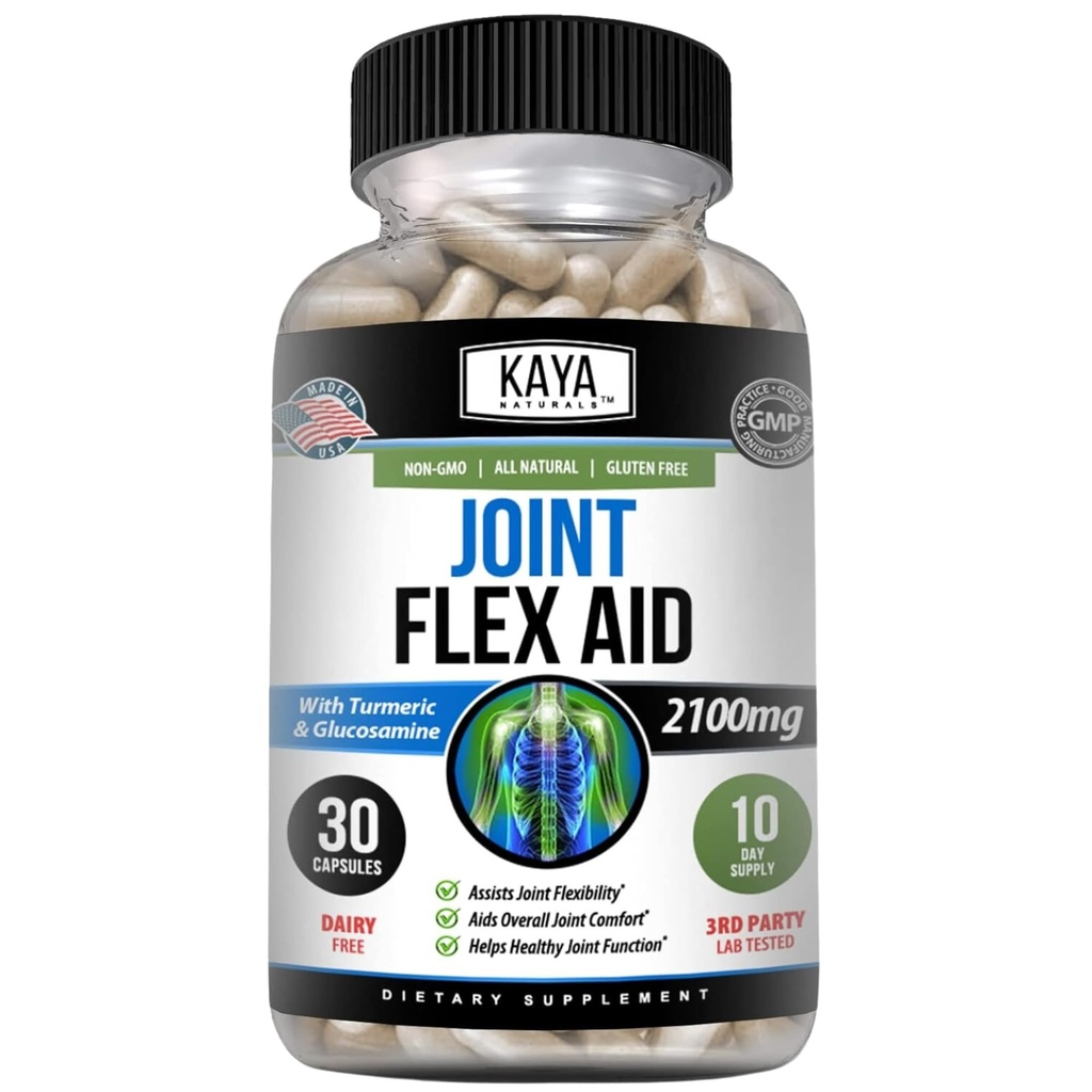 Kaya Naturals Mobility Flex Aid - 남성과 여성을위한 이동성 지원 보충 - Glucosamine Sulfate가있는 Turmeric 캡슐 - 무릎 지원 및 이동성 건강 - 30 개
