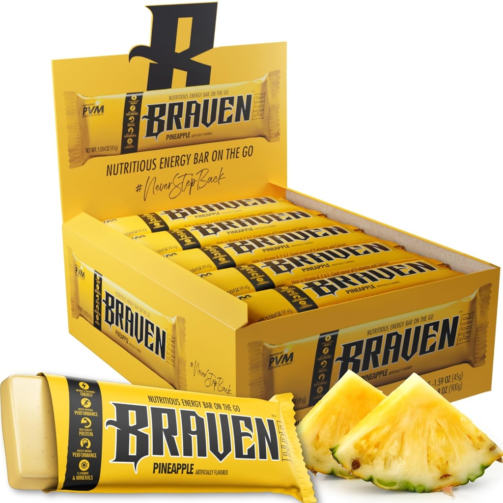 Braven Bar Pineapple Energy Bars (1.59 oz, 20 팩) - 5g Protein이있는 에너지 Chews - 실행, 하이킹 및 스포츠를위한 온 - 이동 에너지 스낵 - 지속 에너지 부스트를위한 글루텐 무료 스낵