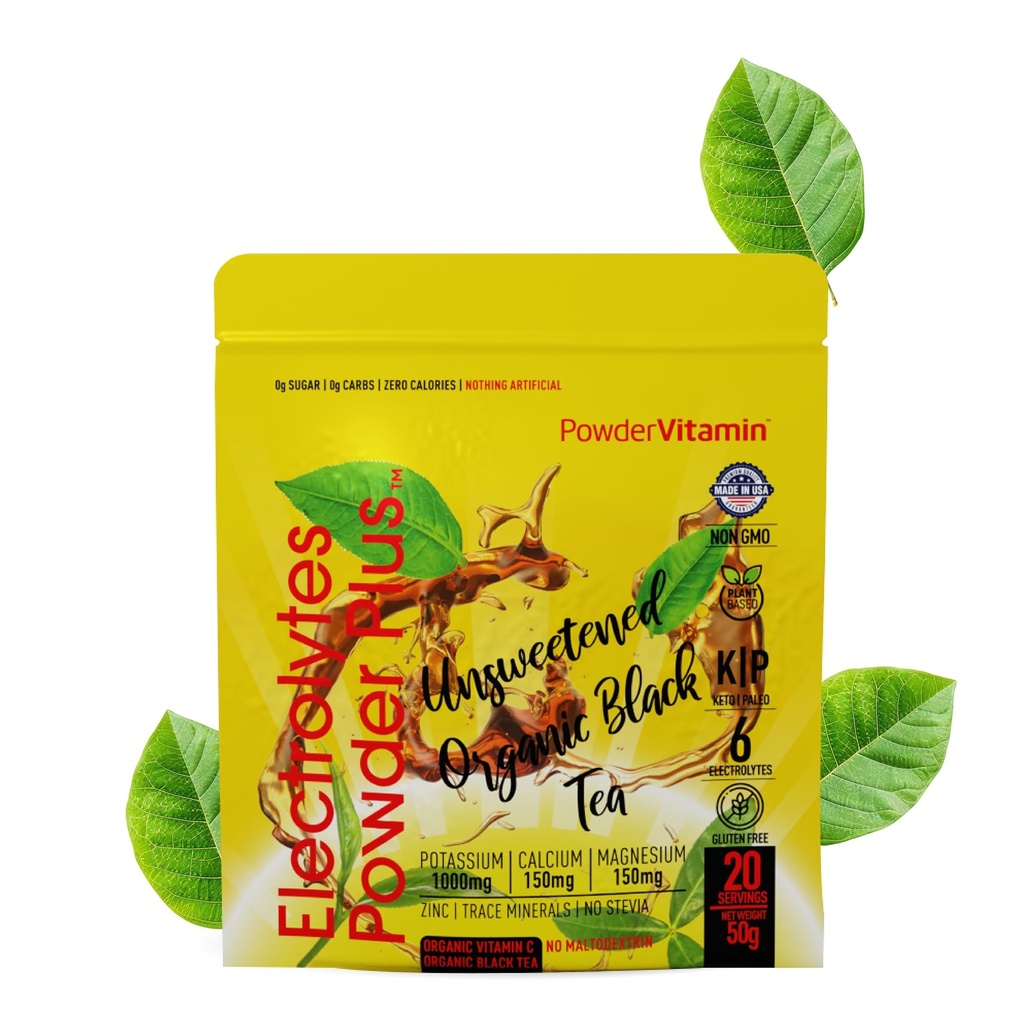 PowderVitamin Electrolytes Powder Plus (20 서빙) Unsweetened Black Tea Electrolyte Powder Keto,SugarFree, Pink Himalayan 소금, 1000mgPotassium, 150mgCalcium, 150mgMagnesium, 식량 분말 없음 STEVIA