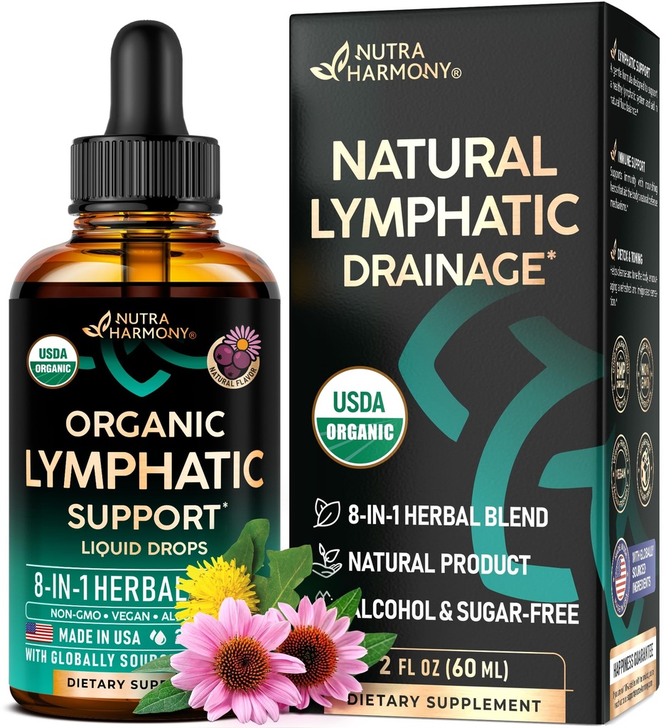 USDA 유기 림프 배수장치 보충교재 - Echinacea | Elderberry | Dandelion | Rosehip | Cleavers | Calendula | Burdock - Made in USA - Lymph System Drops - Immune Support, Cleanse & Detox, 2 fl oz