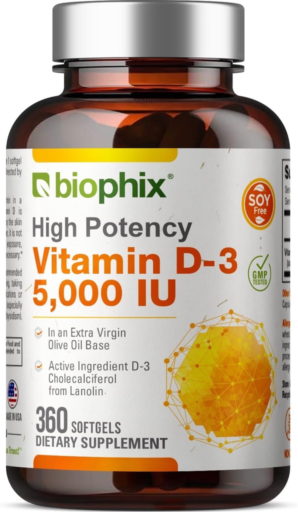 비스듬한 비타민 D-3 5000 IU 360 Softgels - 여분 처녀 올리브 기름 비 GMO Soy 자유로운 지원 강한 뼈 면역력에 있는 높 순수성