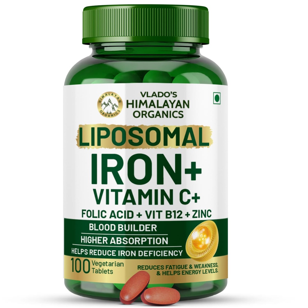 HIMALAYAN ORGANICS 유기 킬레이트 철 비타민 C, B12, 아연 및 Folic 산 | Boost Hemoglobin 레벨 | 농축 수준 향상, 에너지 및 혈액 빌딩-120 Veg 정제
