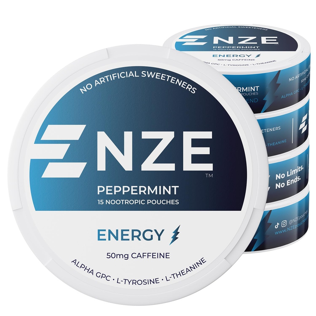NZE 카페인 Nootropic 파우치 (퍼퍼 민트) - 50mg 카페인이있는 에너지 파우치, 알파 GPC, L-티로신 및 설탕이나 인공 감미료가있는 L-Theanine - 15 니코틴 무료 파우치 - 5 팩