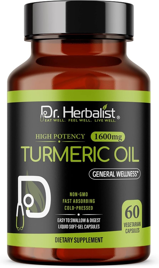 HERBALIST Turmeric Curcumin Oil Capsules 1600mg - 60 Capsules | Non-GMO | Fasting Absorbing | Vegetarian | Cold-Pressed | High Potency I AKA Haldi 캡슐 (1 팩 : 60 캡슐)