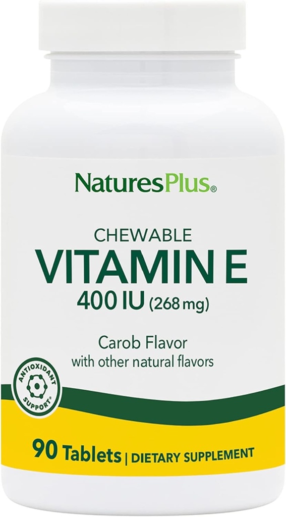 NaturesPlus 비타민 E Chewable - 400 iu, 90 채식 정제 - 천연 Carob 맛 - 건강한 심장 혈관 기능, 무료 - 인종 방위 및 전체 웰빙 - 글루텐 - 무료 90 서빙
