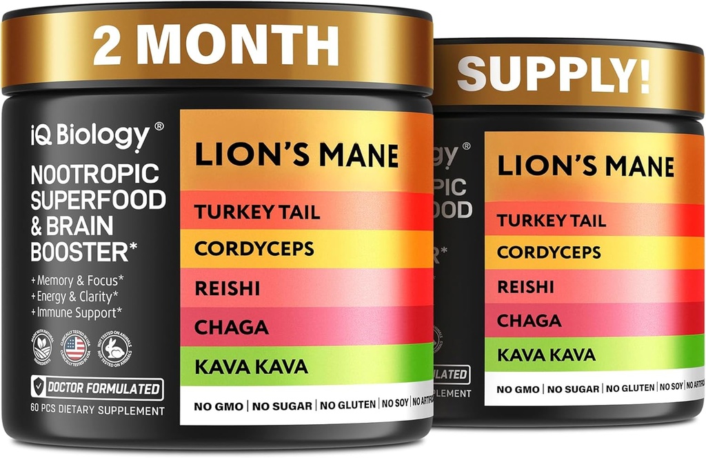 Kava Kava 뿌리 Cordyceps 사자 Mane Reishi 버섯 보충교재, Nootropic 버섯 캡슐 Kava Kava 추출물, 여자를 위한 버섯 비타민, 에너지 버섯, Ashwagandha, 마그네슘 - 60의 모자 (2 팩)