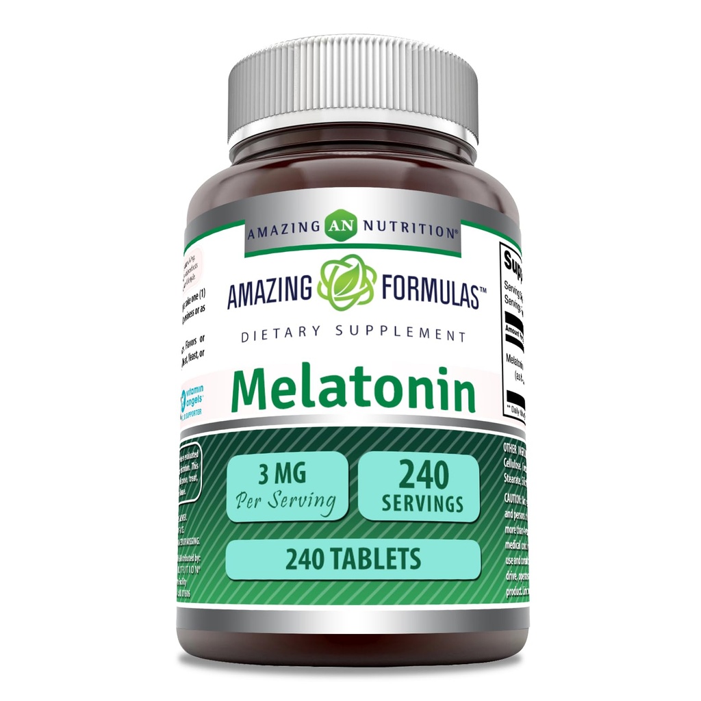Amazing Formulas Melatonin Supplement | 3 Mg Per 서빙 | 240 정제 | Non-GMO | 글루텐 프리 | 미국