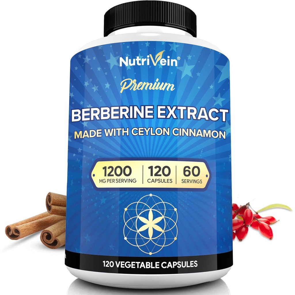 Nutrivein 프리미엄 Berberine HCL 1200 mg Ceylon Cinnamon - 120 캡슐 : 방어, 소화 및 대사를위한 높은 흡수 Berberine 보충