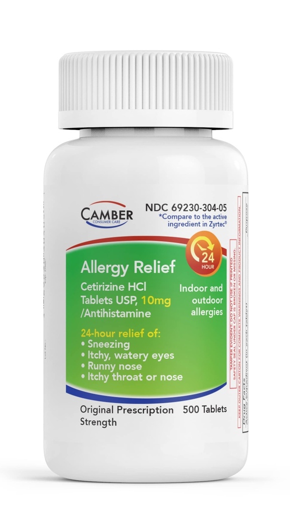 CAMBER PHARMACEUTICALS, INC Cetirizine HCI 10mg 정제, 24 시간 알레르기 완화, 알레르기 약물 - 500 조사