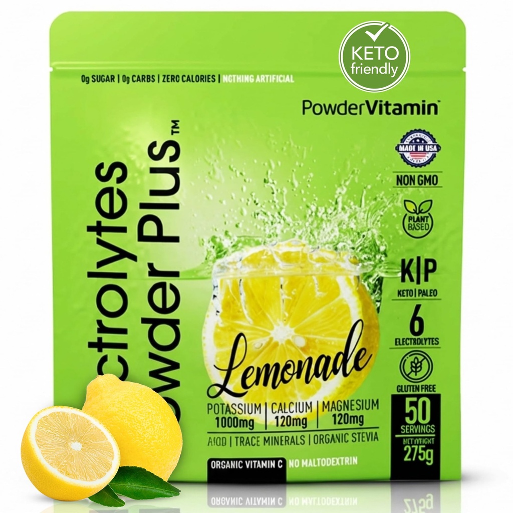 전해질 분말 플러스 (50 인분), 0 Calorie Keto, 0 설탕, No Maltodextrin, 1000mg 칼륨, 120mg 칼슘, 120mg 마그네슘, 하이드로 션 분말 (50 인분, 레몬)