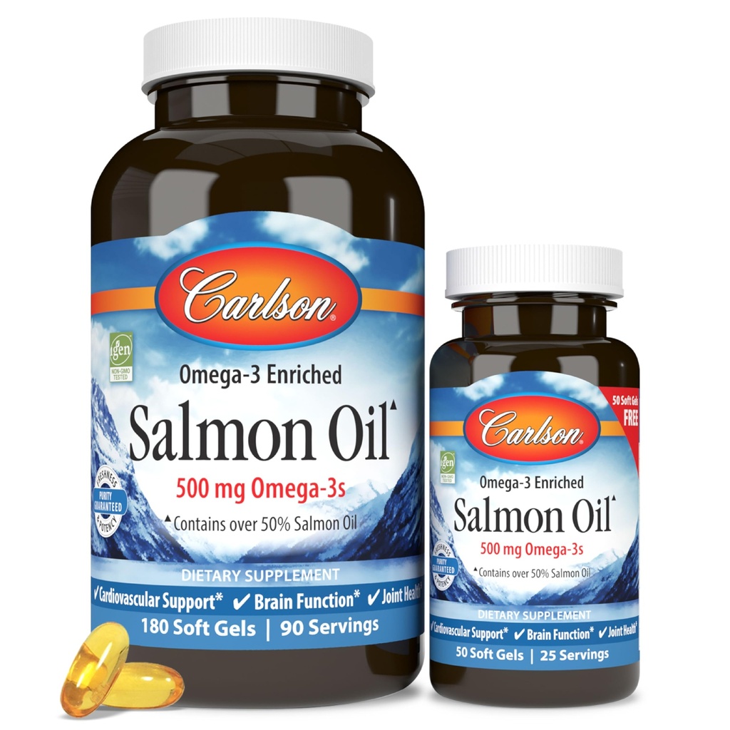 Carlson - 노르웨이어 살몬 오일, 500 mg 오메가-3s, 노르웨이어 살몬 오일 보충, 야생 잡은 오메가 3 살몬 오일 캡슐, 지속적으로 Sourced, 두뇌, 심장 및 관절 건강, 180 + 50 Softgels