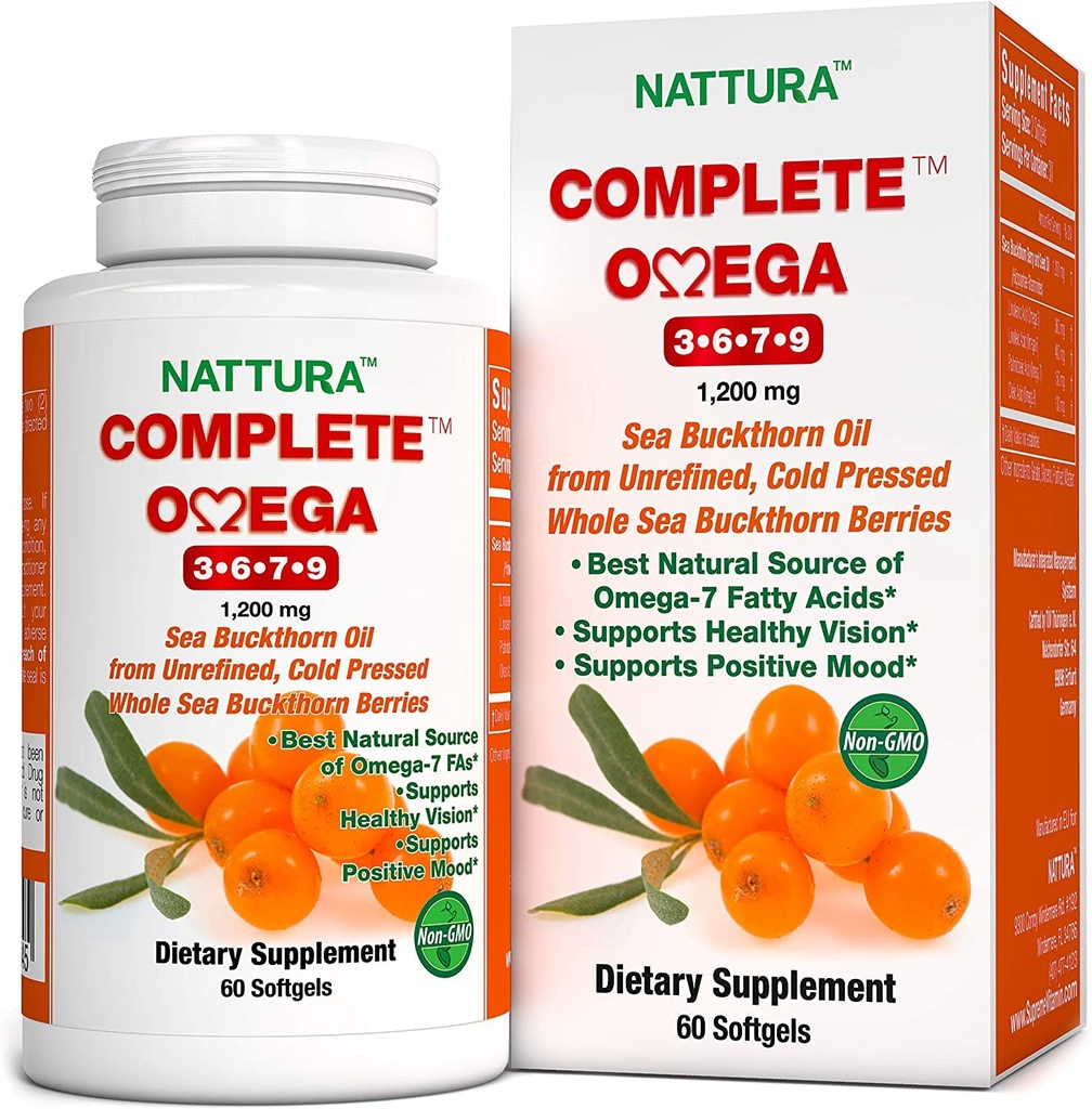 Nattura Complete Omega 3-6-7-9, Pure Sea Buckthorn Oil, 유럽 품질, Unrefined, Cold Pressed Sea Buckthorn Wild Berries - Non-GMO, 공인 Kosher, 글루텐 - 무료 1 병 - 60 캡슐