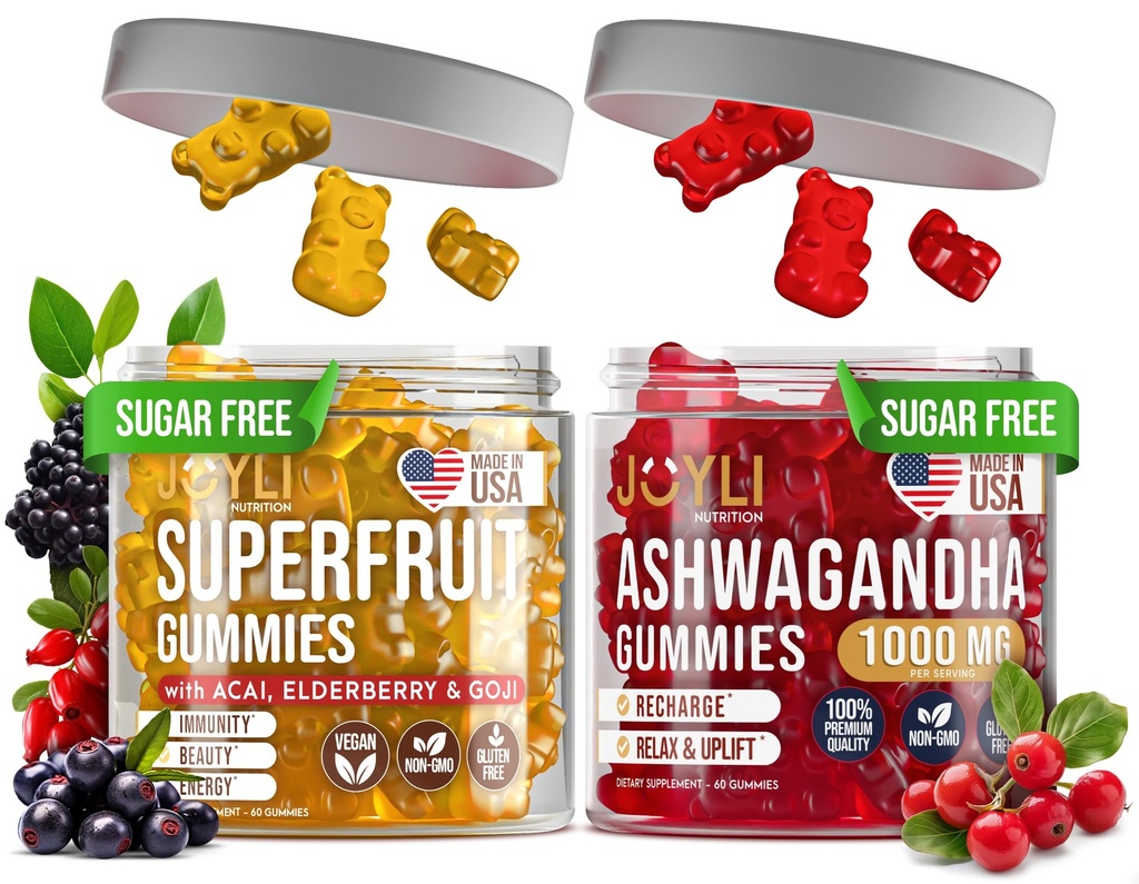 Joyli Ashwagandha & Superfruit Gummies 번들 - 마음 & 바디 밸런스 + 매일 웰빙 지원 - Goji, Elderberry, 비타민 C, D 및 아연과 Vegan Multivitamin 공식 - 성인 2 팩