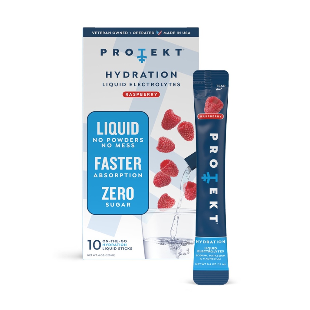 PROTEKT Electrolyte Packets for Recovery & Hydration | 유기농 및 설탕 무료 전자 음료 | 분말 음료보다 빠른 작동 | On-The-Go Liquid Hydration 음료 | 라즈베리, 10 팩