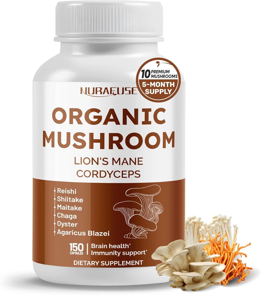 유기 버섯 10-in-1 공식 - 라이온 Mane, Cordyceps Reishi, Shiitake, Maitake, Chaga, Non-GMO, Gluten-Free, Soy-Free (150 개)