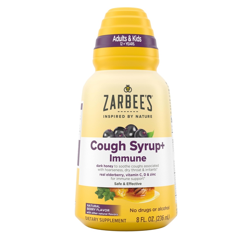 Zarbee의 Naturals Complete Daytime Cough Syrup + Immune with Dark Honey, Real Elderberry, 비타민 C, D & 아연, 8 온스 병