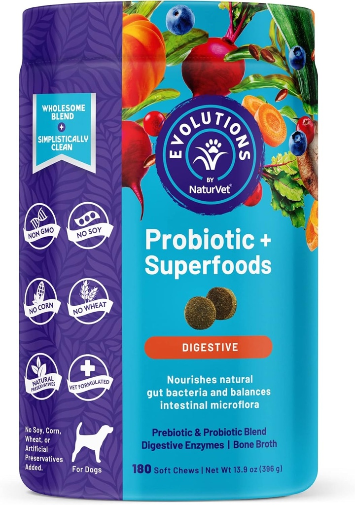 NaturVet 진화 Probiotic & Superfoods 90ct 개를위한 부드러운 Chews - Prebiotic & Probiotic Blend, 소화 효소, 뼈 Broth, 오메가 - Nourishes Natural Gut Bacteria 및 Intestinal Microflora