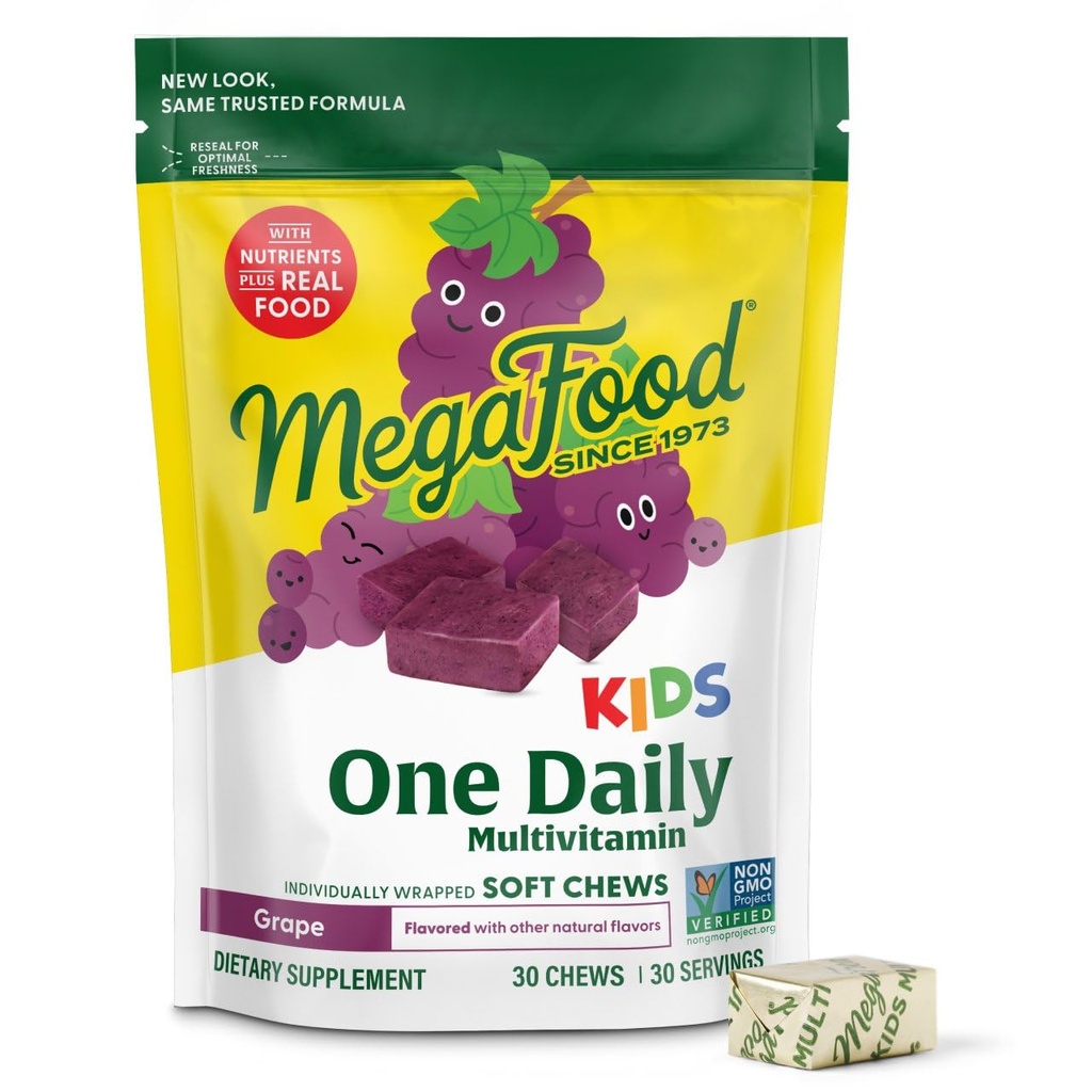 MegaFood Kids One Daily Multivitamin Soft Chews - 비타민 B, 비타민 C, 비타민 D 및 비타민 E - 나이 4, 채식주의자, 9 음식 알레르기없이 만든 - 포도 맛 - 30 Chews